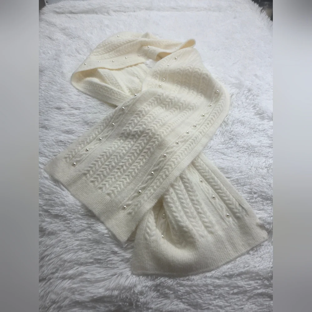 Talbots Ivory Cable Knit Scarf Pearl Beaded Soft Cozy Winter Wrap‎